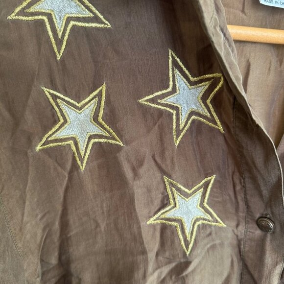 Karen Arnold Brown Silk Button-Up Shirt With Embroidered Stars Vintage - Picture 6 of 6